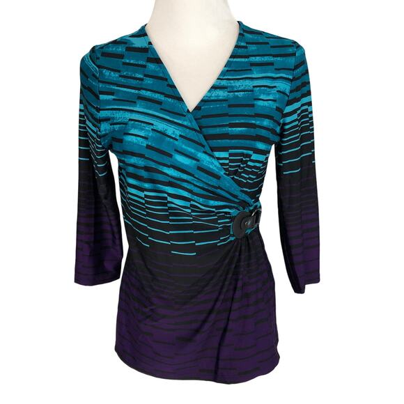 new directions Tops - New Directions Slicky Blouse V Neck Ruched Half Wrap Size Petite Small